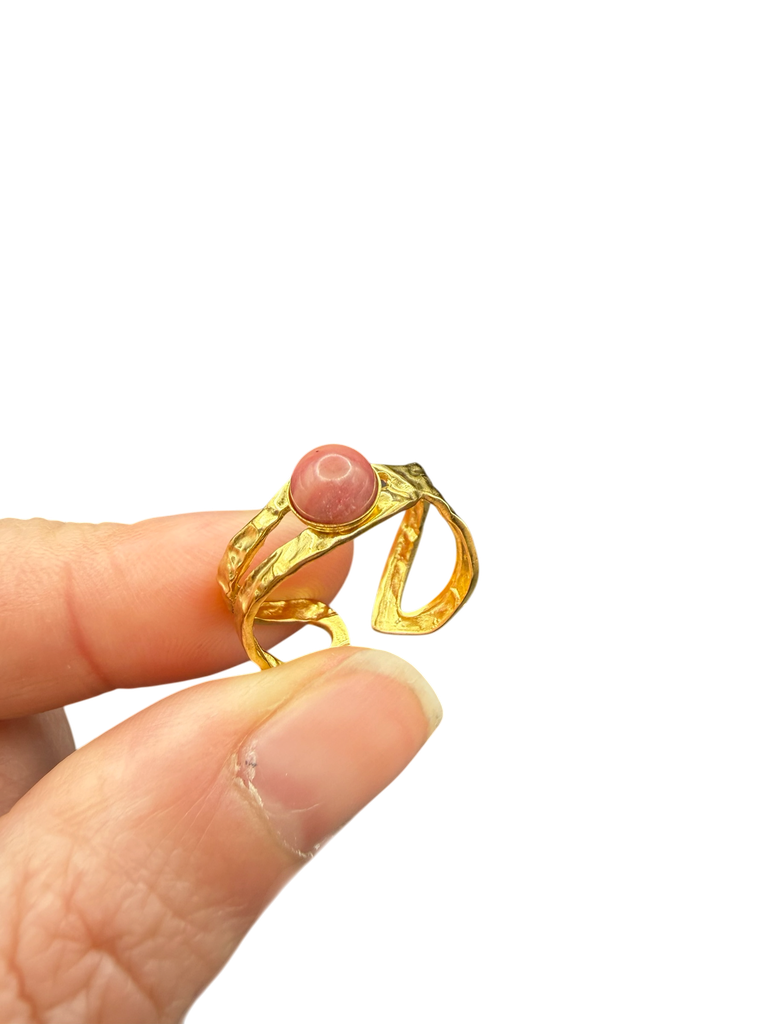 Rhodonit Ring Edelstahl vergoldet 18K