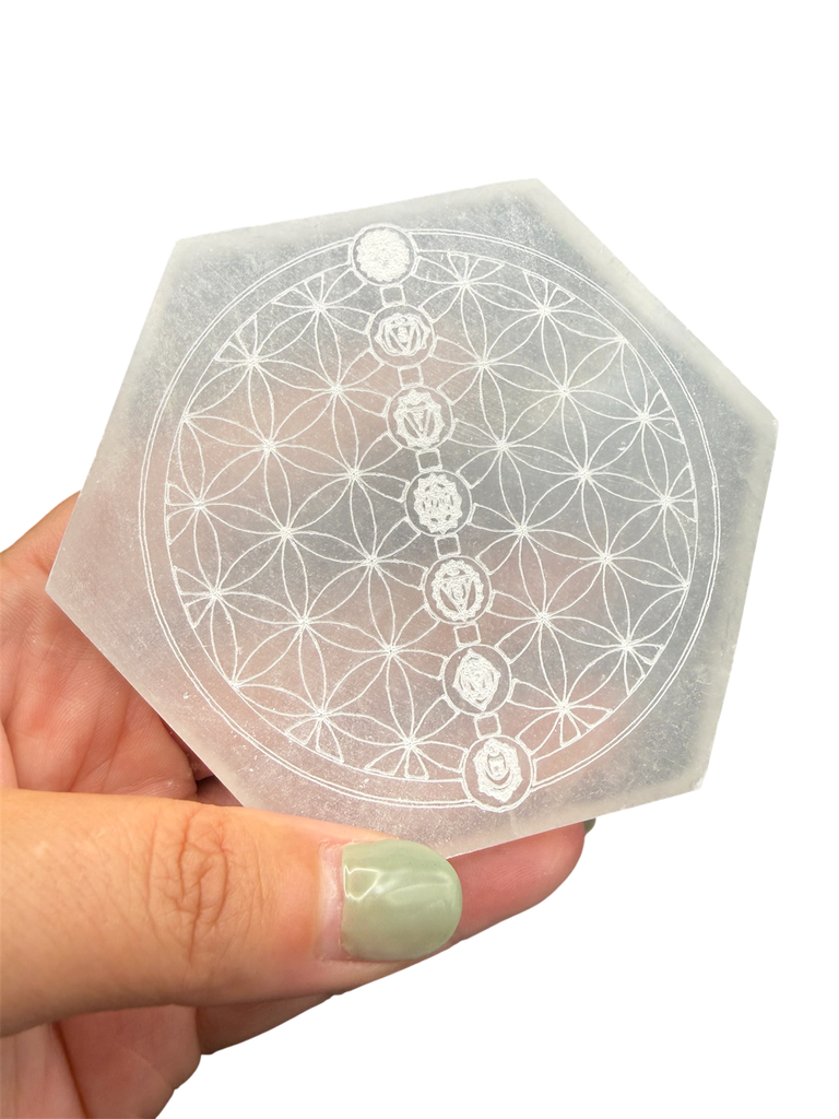 Selenit Ladeplatte Hexagon Chakra & Blume des Lebens